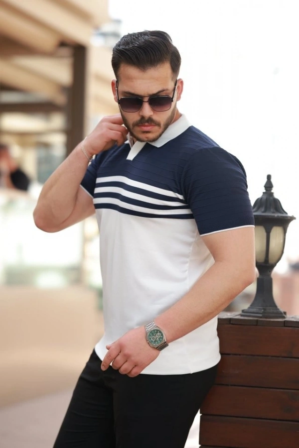 Bidebuvar Erkek çizgi Desenli Yakalı Kısa Kollu T-shirt