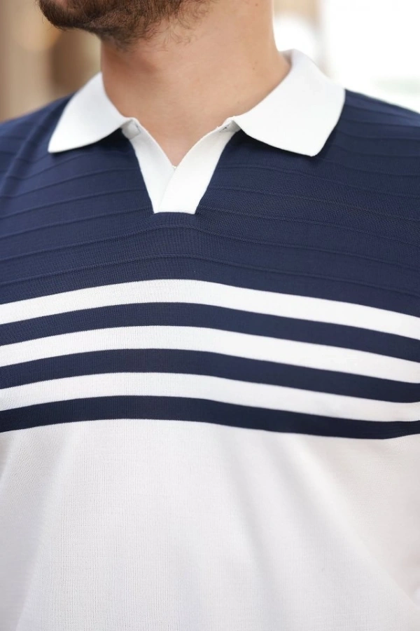 Bidebuvar Erkek çizgi Desenli Yakalı Kısa Kollu T-shirt