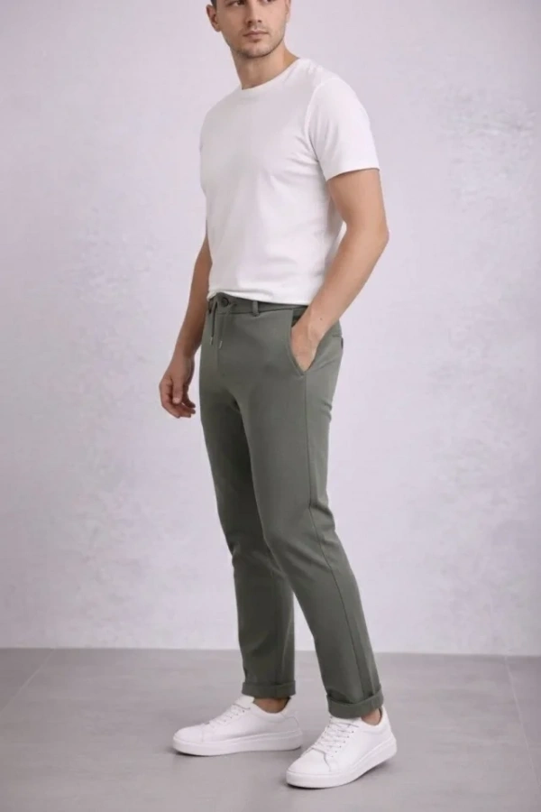 Bidebuvar Erkek Diagonel Mikro Dokulu Duble Paça Cepli Pantolon Bağcıklı Bel, Modern Kesim - Haki