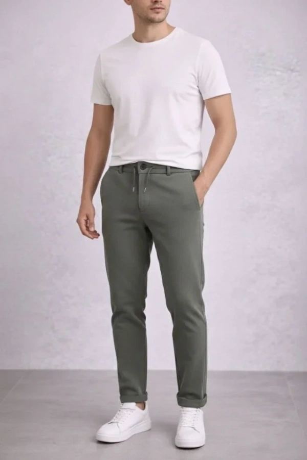 Bidebuvar Erkek Diagonel Mikro Dokulu Duble Paça Cepli Pantolon Bağcıklı Bel, Modern Kesim - Haki