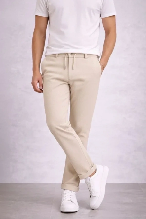 Bidebuvar Erkek Diagonel Mikro Dokulu Duble Paça Cepli Pantolon Bağcıklı Bel, Modern Kesim - Krem