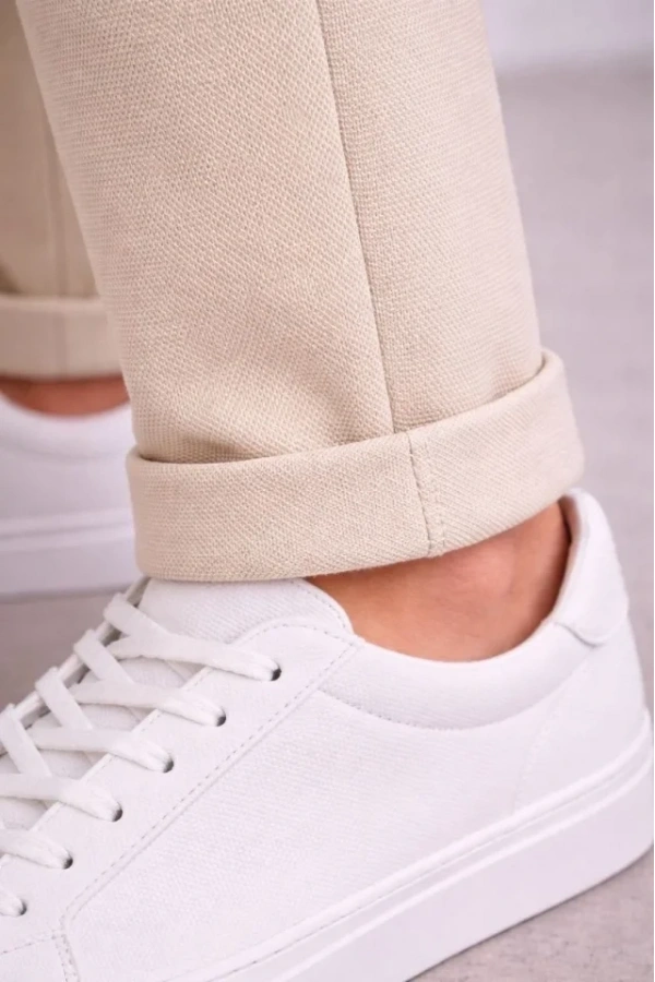 Bidebuvar Erkek Diagonel Mikro Dokulu Duble Paça Cepli Pantolon Bağcıklı Bel, Modern Kesim - Krem