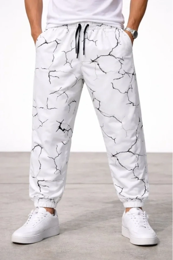 Bidebuvar Erkek Dijital Baskılı Eşofman Altı Kışlık Üç İplik Şardonlu Kumaş Lastikli Paça, Cepli, Rahat Kalıp - Beyaz