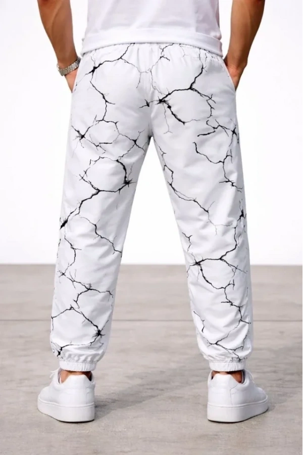 Bidebuvar Erkek Dijital Baskılı Eşofman Altı Kışlık Üç İplik Şardonlu Kumaş Lastikli Paça, Cepli, Rahat Kalıp - Beyaz