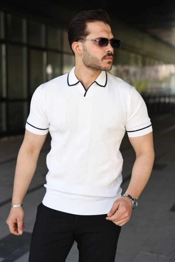 Bidebuvar Erkek Dokulu Desen Yakalı Kısa Kollu Tişört