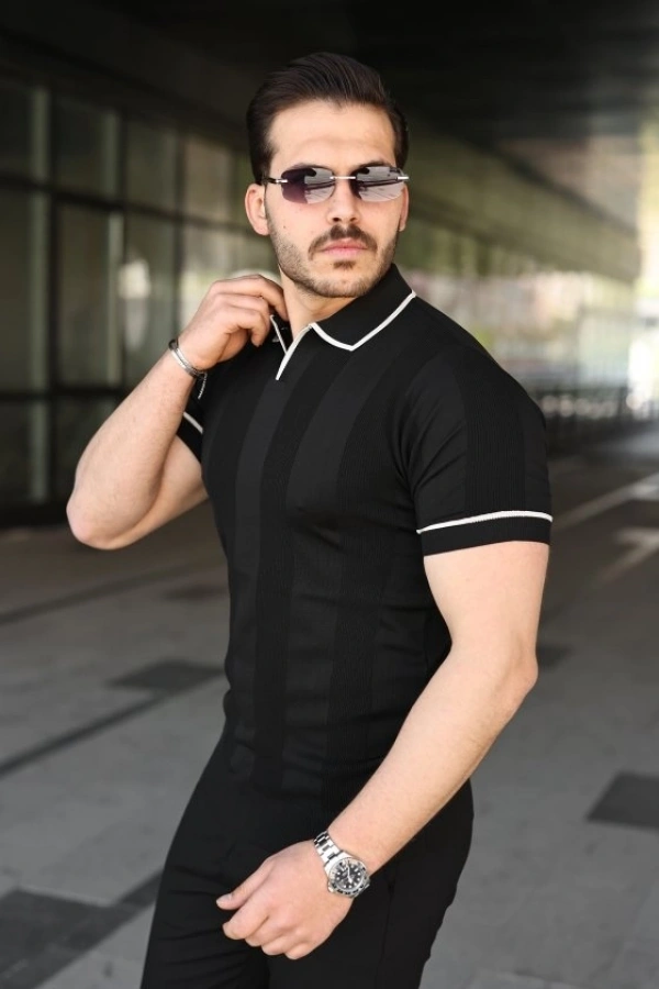 Bidebuvar Erkek Dokulu Desen Yakalı Kısa Kollu Tişört