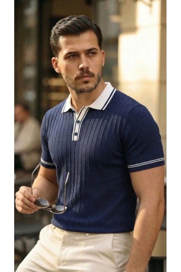 Bidebuvar Erkek Düğme Yakalı Kontrast Yaka Triko Tişört