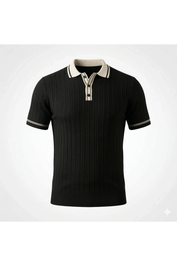 Bidebuvar Erkek Düğme Yakalı Kontrast Yaka Triko Tişört