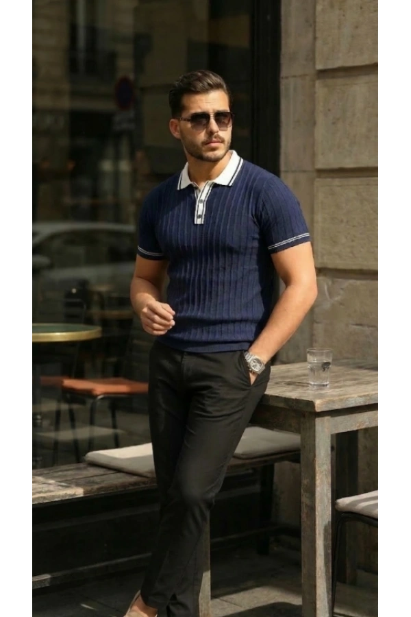 Bidebuvar Erkek Düğme Yakalı Kontrast Yaka Triko Tişört