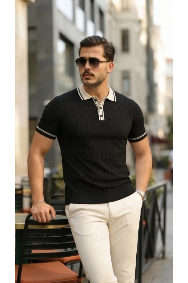 Bidebuvar Erkek Düğme Yakalı Kontrast Yaka Triko Tişört