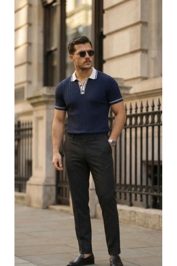 Bidebuvar Erkek Düğme Yakalı Kontrast Yaka Triko Tişört