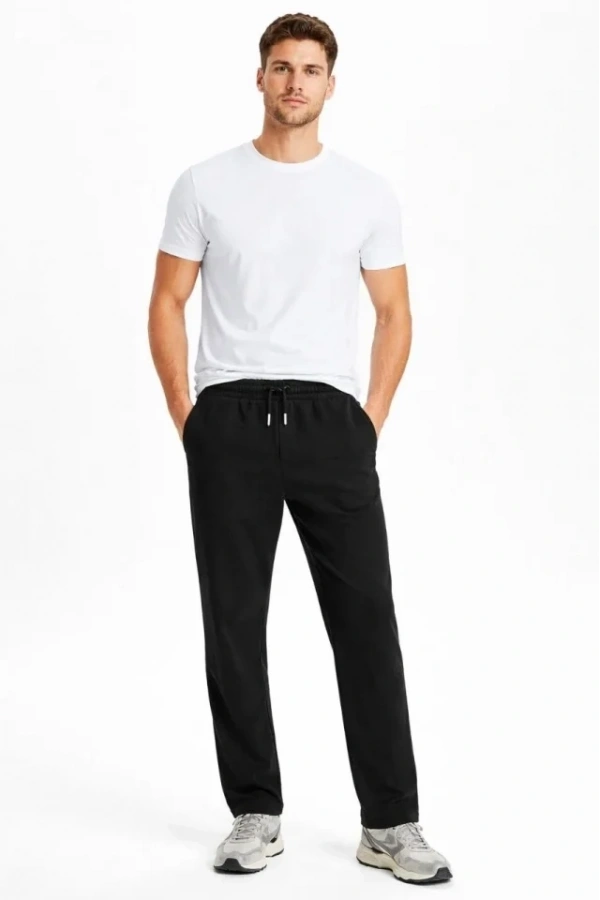 Bidebuvar Erkek Düz Paça Beli Lastikli İpli Günlük Spor Eşofman Altı Rahat Fit - Siyah