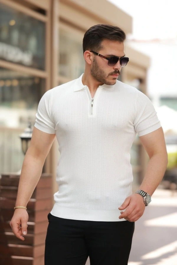 Bidebuvar Erkek Fermuar Yakalı Kısa Kollu Tişört