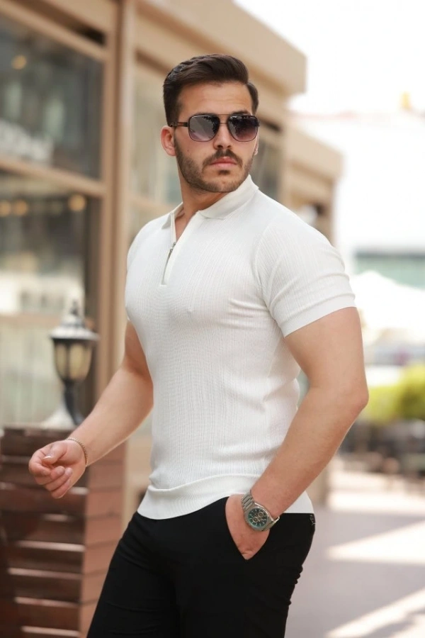 Bidebuvar Erkek Fermuar Yakalı Kısa Kollu Tişört