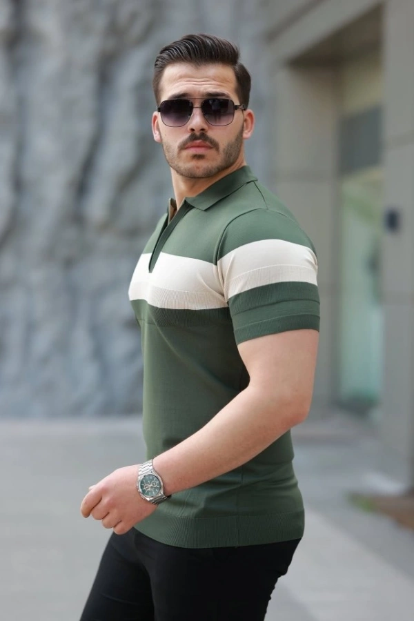 Bidebuvar Erkek Fermuar Yakalı şerit Renk Desenli Kısa Kollu Tişört