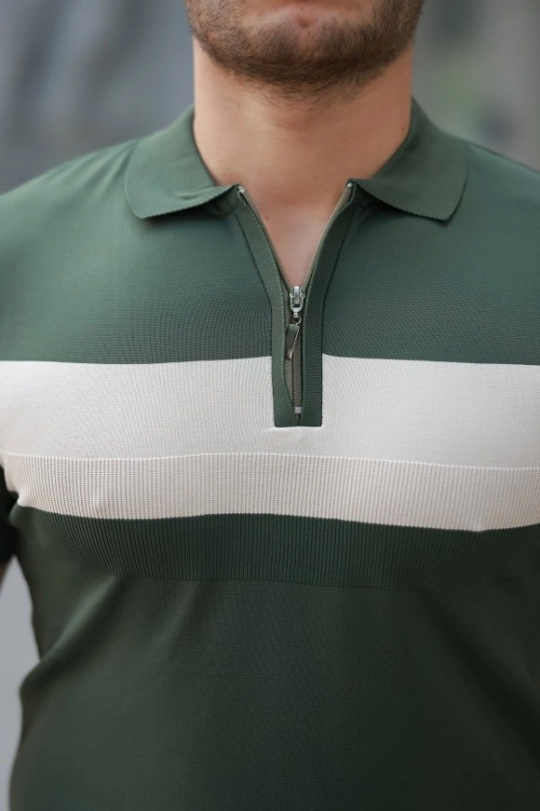 Bidebuvar Erkek Fermuar Yakalı şerit Renk Desenli Kısa Kollu Tişört