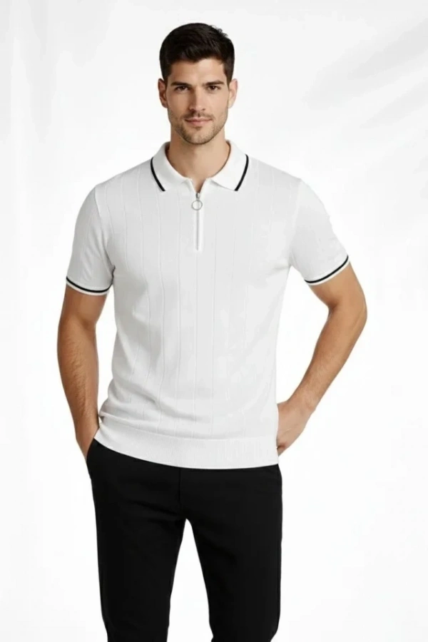 Bidebuvar Erkek Fermuarlı Yaka Fitilli Triko Kısa Kollu Regular Fit Tişört T-shirt - Beyaz