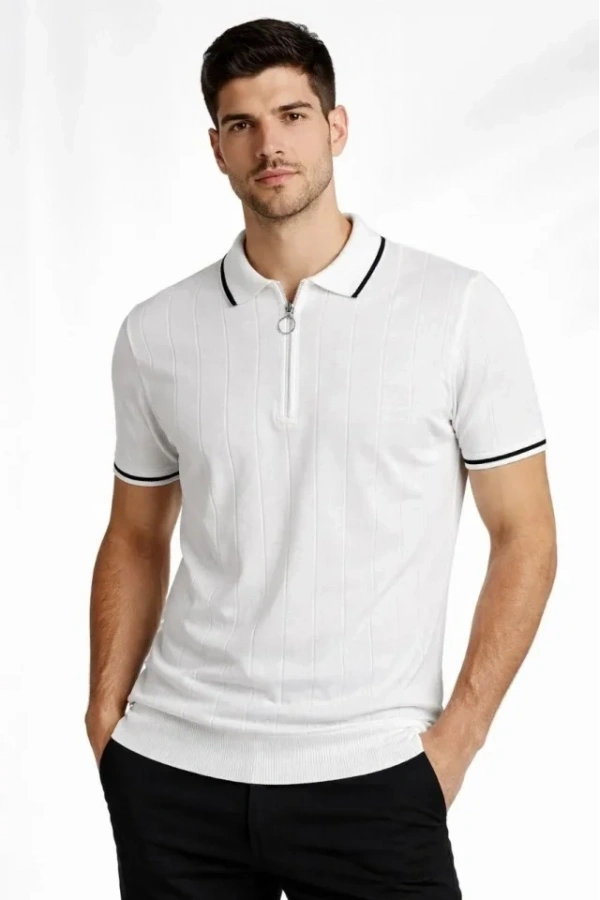 Bidebuvar Erkek Fermuarlı Yaka Fitilli Triko Kısa Kollu Regular Fit Tişört T-shirt - Beyaz