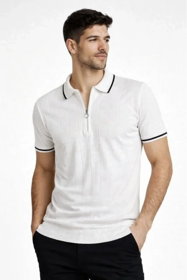 Bidebuvar Erkek Fermuarlı Yaka Fitilli Triko Kısa Kollu Regular Fit Tişört T-shirt - Beyaz
