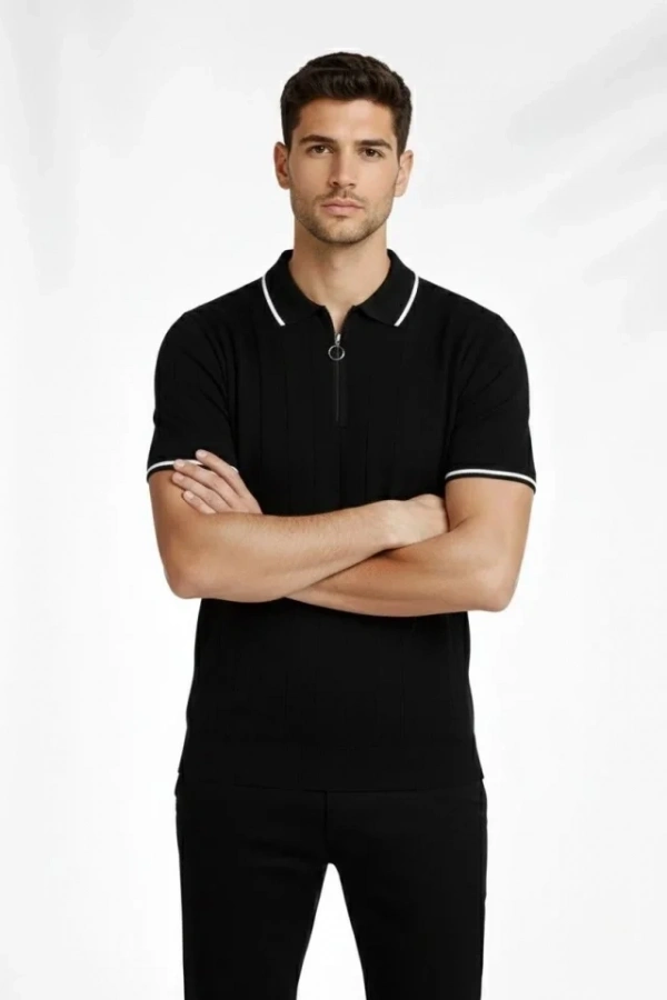 Bidebuvar Erkek Fermuarlı Yaka Fitilli Triko Kısa Kollu Regular Fit Tişört T-shirt - Siyah