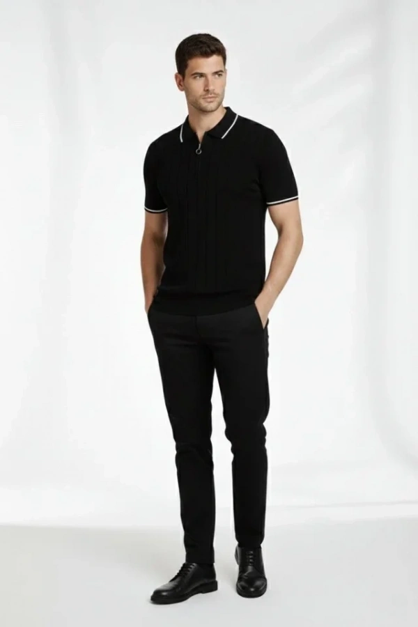 Bidebuvar Erkek Fermuarlı Yaka Fitilli Triko Kısa Kollu Regular Fit Tişört T-shirt - Siyah