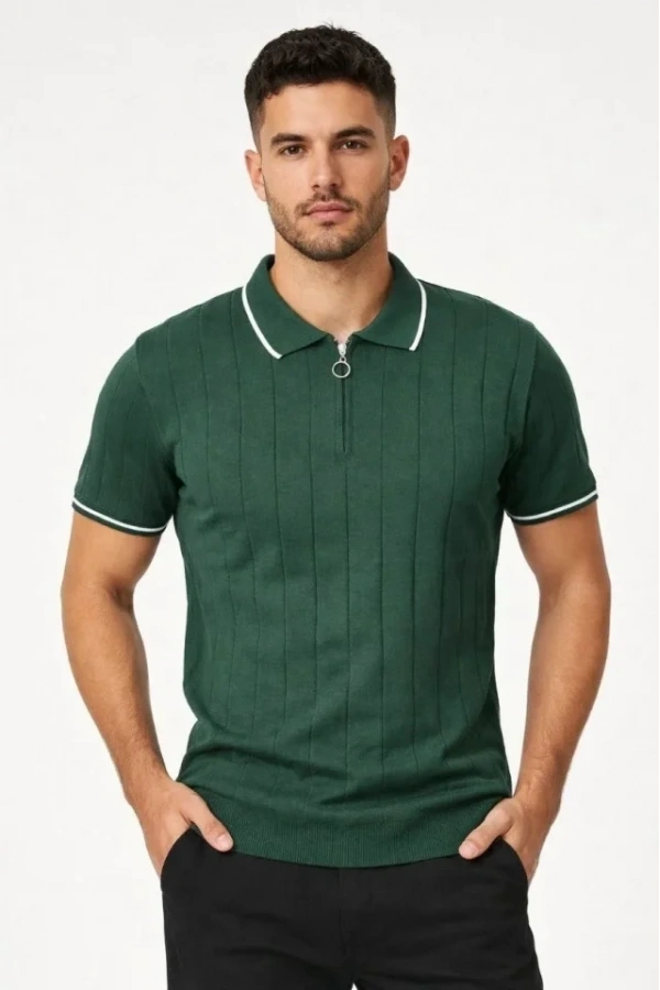 Bidebuvar Erkek Fermuarlı Yaka Fitilli Triko Kısa Kollu Regular Fit Tişört T-shirt - Yeşil