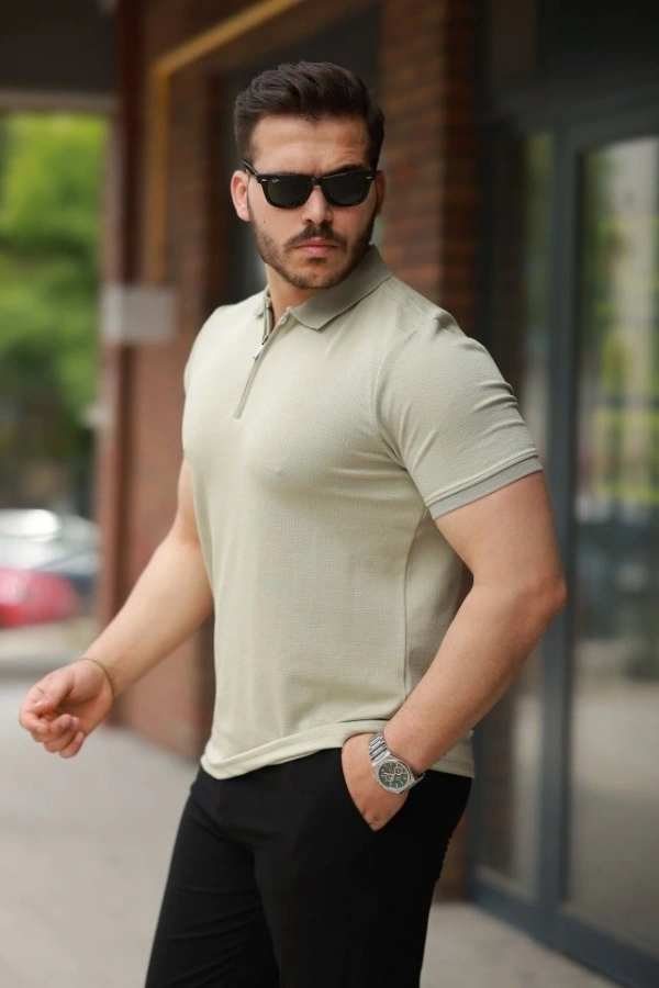 Bidebuvar Erkek Fermuarlı Yaka Kısa Kollu Tişört