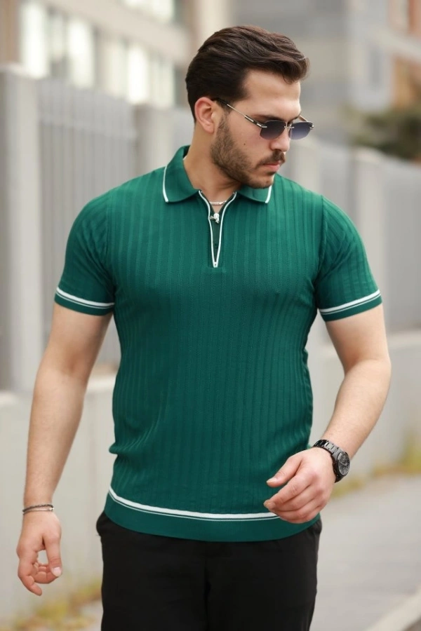 Bidebuvar Erkek Fermuarlı Yakalı Kısa Kollu T-shirt