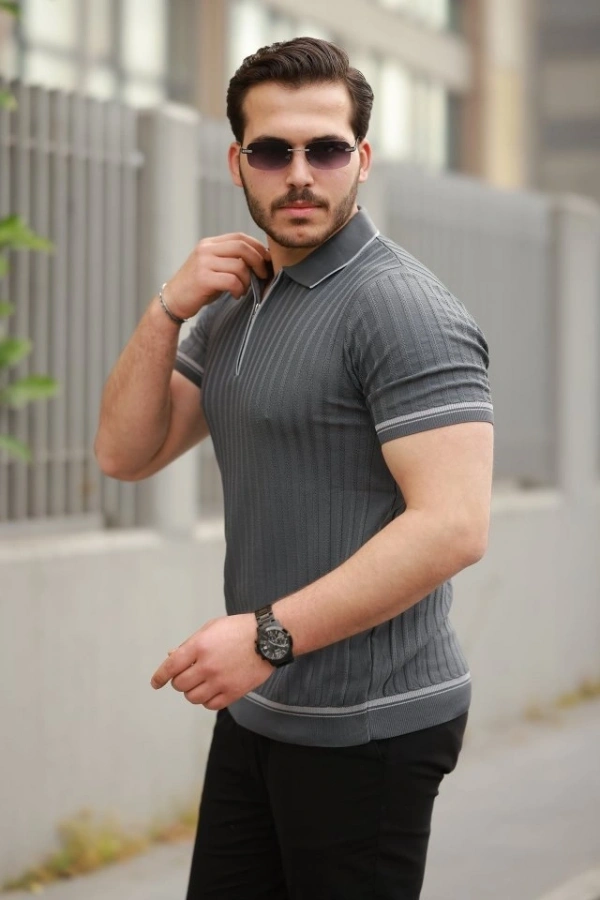 Bidebuvar Erkek Fermuarlı Yakalı Kısa Kollu T-shirt