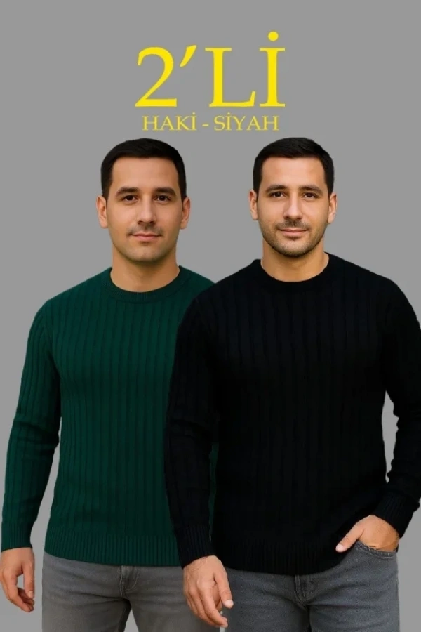 Bidebuvar Erkek Fitilli Triko Kazak 2’li Set Siyah Haki Kalın Dokuma Pamuklu Regular Fit Bisiklet