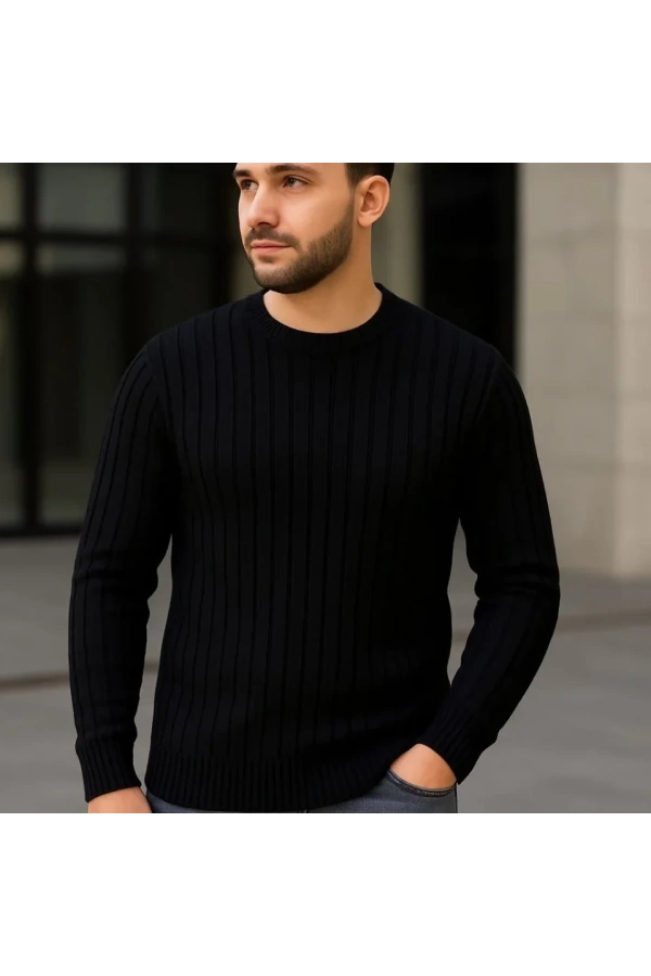 Bidebuvar Erkek Fitilli Triko Kazak 2’li Set Siyah Saks Mavisi Kalın Dokuma Pamuklu Regular Fit