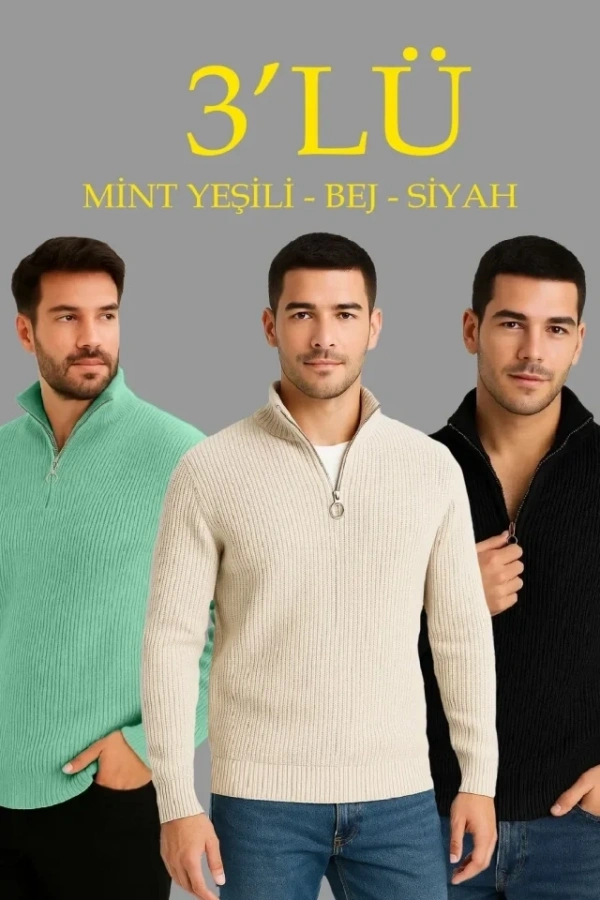 Bidebuvar Erkek Fitilli Triko Kazak 3’lü Set – Mint Yeşili, Siyah, Bej Kalın Dokuma Pamuklu Regular Fit V Yaka Fermuarlı Uzun Kollu Rahat Kışlık Kazak Kombini