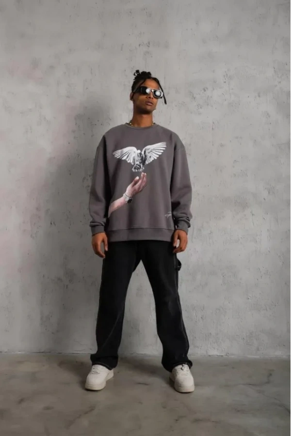 Bidebuvar Erkek Güvercin Baskılı Sweatshirt - Gri