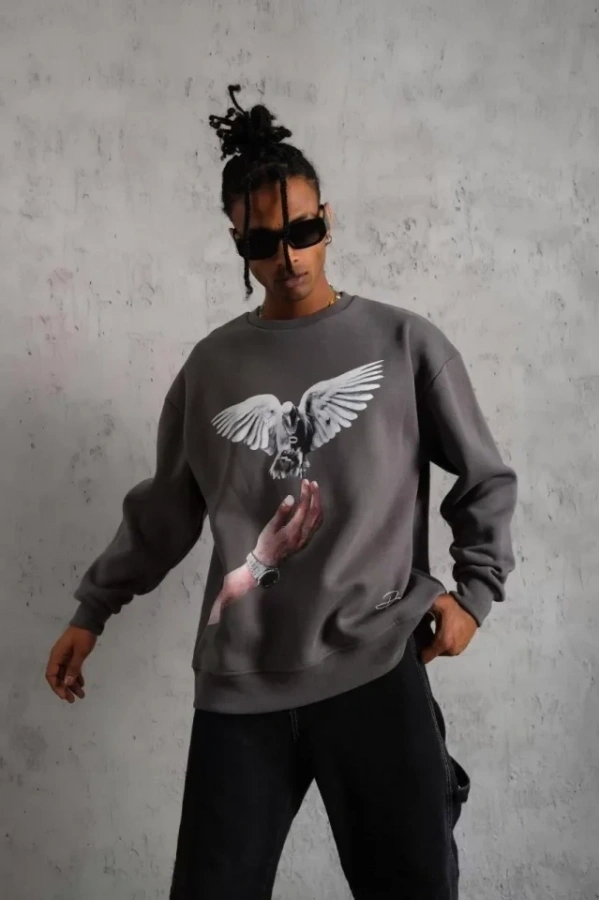 Bidebuvar Erkek Güvercin Baskılı Sweatshirt - Gri