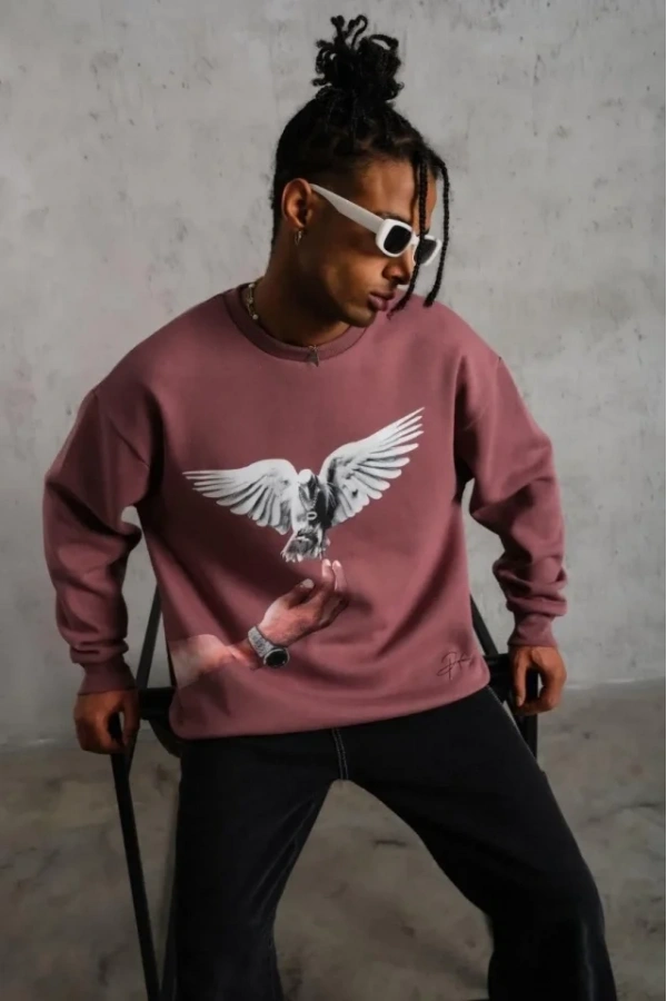 Bidebuvar Erkek Güvercin Baskılı Sweatshirt - Gül Kurusu