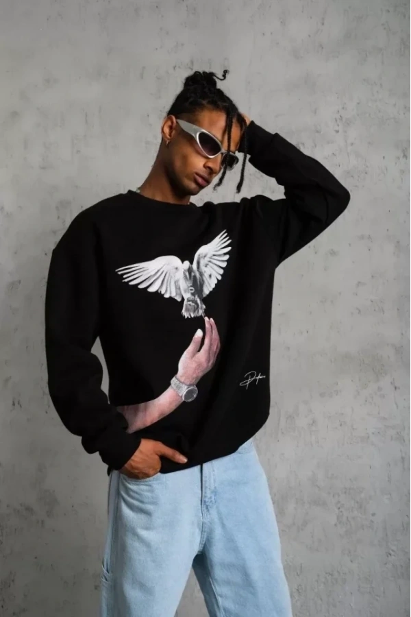 Bidebuvar Erkek Güvercin Baskılı Sweatshirt - Siyah