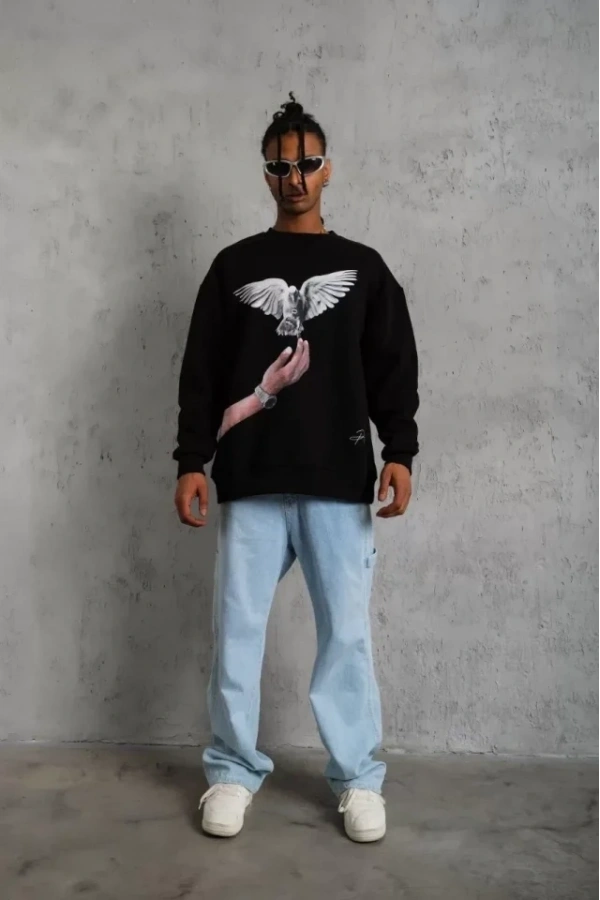 Bidebuvar Erkek Güvercin Baskılı Sweatshirt - Siyah