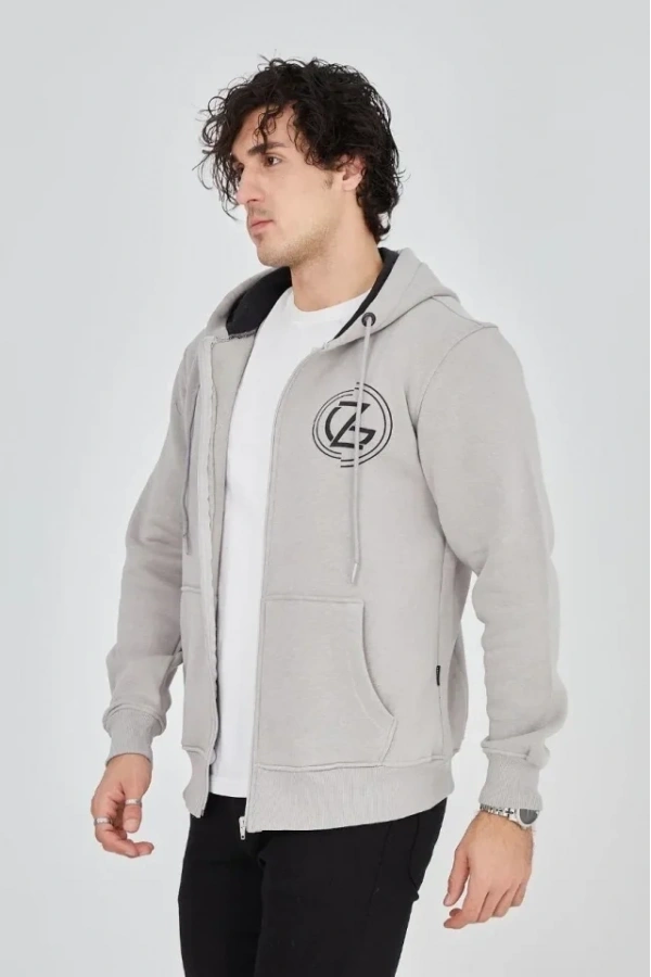 Bidebuvar Erkek Kapüşonlu Baskılı Fermuarlı Hırka - Boyalı Gri