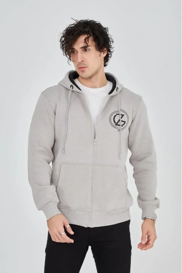 Bidebuvar Erkek Kapüşonlu Baskılı Fermuarlı Hırka - Boyalı Gri