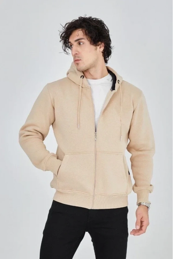 Bidebuvar Erkek Kapüşonlu Düz Fermuarlı Hırka - Bej