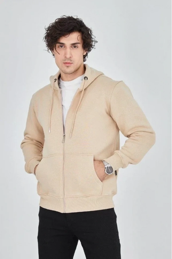 Bidebuvar Erkek Kapüşonlu Düz Fermuarlı Hırka - Bej
