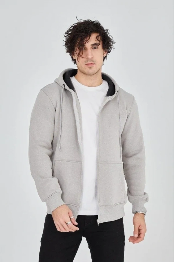 Bidebuvar Erkek Kapüşonlu Düz Fermuarlı Hırka - Boyalı Gri