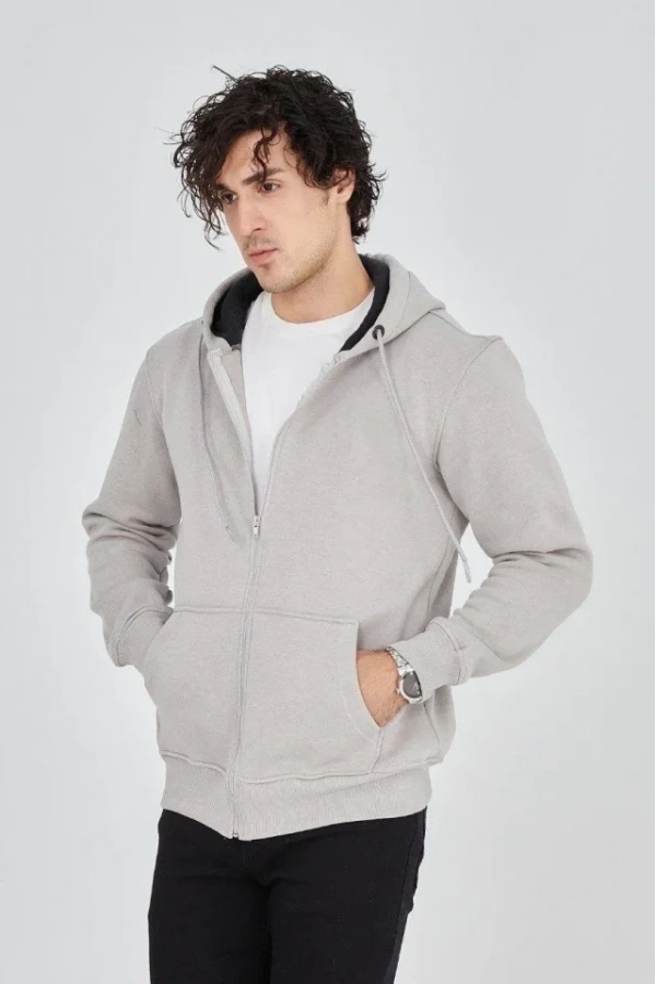 Bidebuvar Erkek Kapüşonlu Düz Fermuarlı Hırka - Boyalı Gri