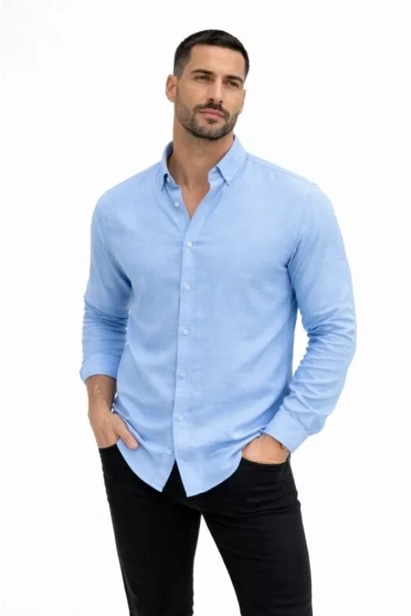 Bidebuvar Erkek KETEN Kumaş Oversize Uzun Kollu Rahat Kalıp Gömlek - Açık Mavi