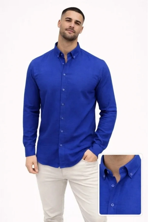 Bidebuvar Erkek KETEN Kumaş Oversize Uzun Kollu Rahat Kalıp Gömlek - Saks Mavisi