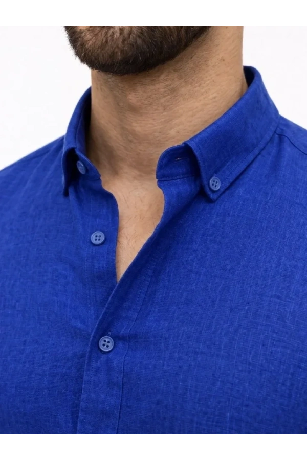 Bidebuvar Erkek KETEN Kumaş Oversize Uzun Kollu Rahat Kalıp Gömlek - Saks Mavisi