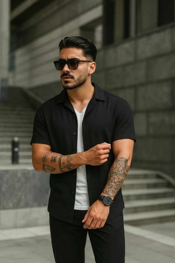 Bidebuvar Erkek Kısa Kollu örme Kumaş Pamuklu Gömlek