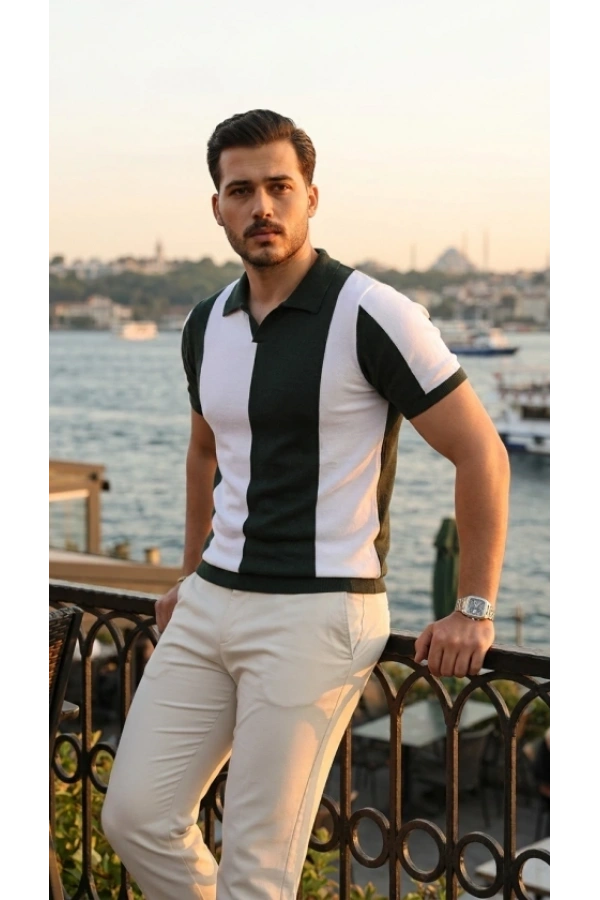 Bidebuvar Erkek Kısa Kollu Polo Yakalı Blok Desenli Triko Bluz