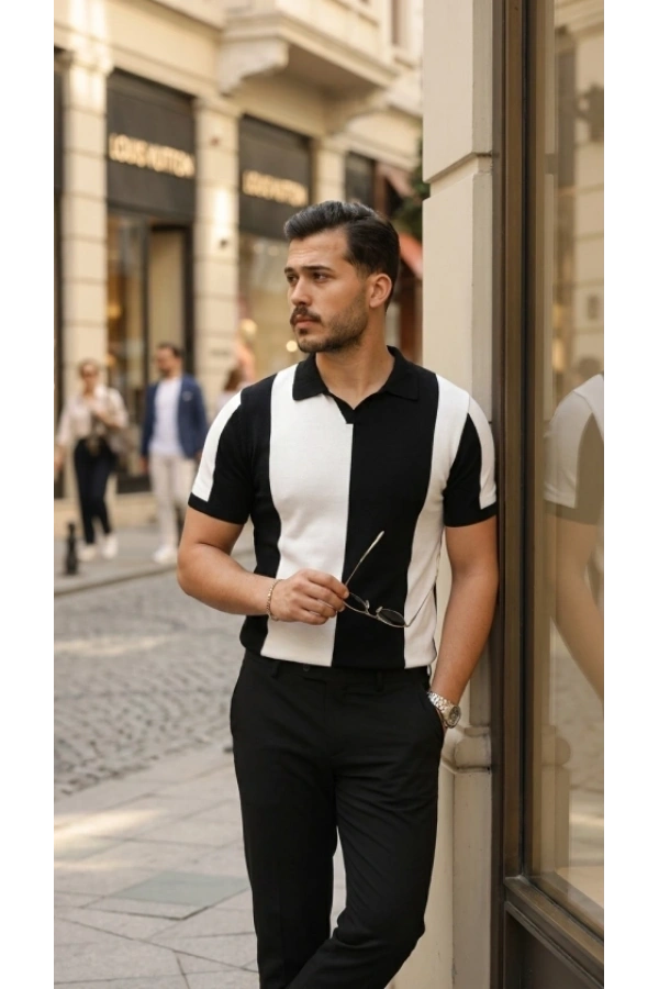 Bidebuvar Erkek Kısa Kollu Polo Yakalı Blok Desenli Triko Bluz