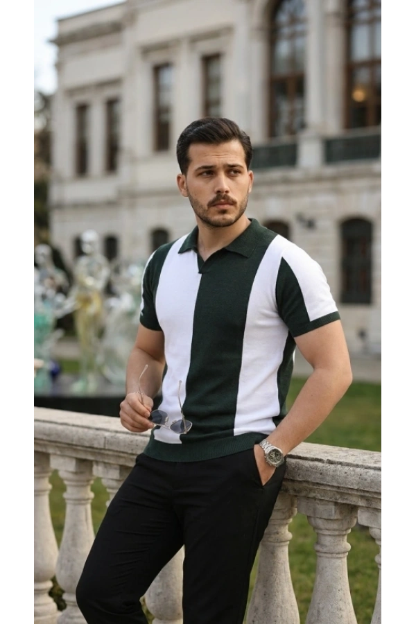 Bidebuvar Erkek Kısa Kollu Polo Yakalı Blok Desenli Triko Bluz